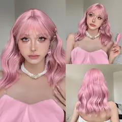 Céu azul perucas sintéticas curto ondulado bob peruca para mulheres resistente ao calor cosplay halloween uso diário cabelo natural com franja lolita - Wolf Magazine
