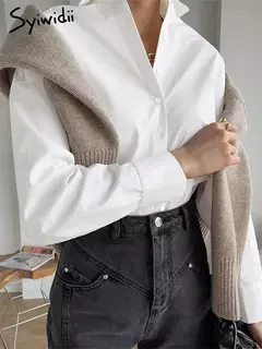 Imagem do Syiwidii-Blusas grandes de manga comprida feminina, com botões, solta, casual, algodão, branco, tops elegantes, moda, 100%, 2024