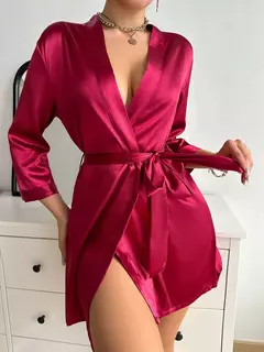 Mulheres cetim robe de noite, manga longa, decote V, cinto, roupa de dormir sólida - loja online