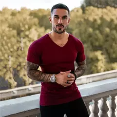 Camiseta de manga curta para musculação masculina, camiseta esportiva, roupa de algodão, gola V, respirável, ginástica, fitness, treino, verão na internet