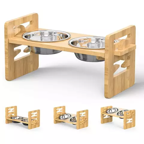 2 pçs de bambu e madeira ajustável gato e cão rack de alimentação gato tigela alimentador pet tigela rack de refeição de aço inoxidável
