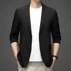 Blazers de negócios monocromáticos masculinos, blazers slim fit, botões duplos, lapela, mangas 3/4, terno de deslocamento, casaco do noivo