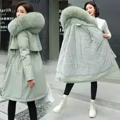 Parka longa e acolchoada feminina com forro de lã, jaqueta com capuz, gola de pele, quente, grossa, neve, roupas grandes, inverno na internet