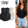 Colete feminino sem mangas TRAF, camiseta com decote em v, casacos curtos, terno de trabalho, preto e branco, moda verão