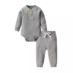 Conjunto de roupas para bebê recém-nascido menino e menina, feito de algodão, com nervuras, manga longa, bodysuit e calça, cor sólida - loja online
