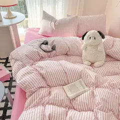 Conjunto de cama simples Pink Stripe para adultos e crianças, lençol de algodão lavado, fronha, roupa de cama completa Queen, conjunto de capa de edredão, sem enchimento - loja online