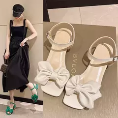 Sandálias grandes de toe aberto para mulheres, fivela monocromática de uma linha, nó arco de temperamento, sapatos confortáveis, nova moda, verão, 2024 - loja online