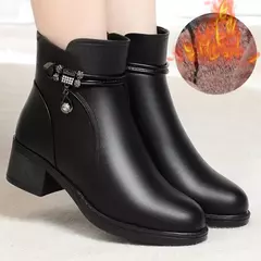 Botas de neve plataforma de lã curta para mulheres, bota de couro macio, sapato