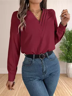 Vestido feminino de manga comprida em camadas com decote em v, tops de trabalho, roupa de escritório, blusa empresarial, 2024 na internet