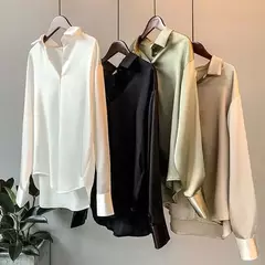 Blusa feminina de manga comprida de cetim vintage, camisa sedosa, blusa de escritório de trabalho, camisa casual feminina, outono