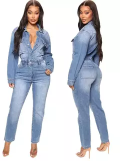 Macacão jeans de peito único feminino, macacão monocromático, macacão lavando bolsos, botão de rua alto, comprimento do tornozelo - comprar online