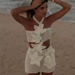 Flor 3D feminina escava mini vestido de malha, sem mangas, vestidos sem encosto, vestidos de festa chique na praia, moda sexy, verão, 2024 - Wolf Magazine