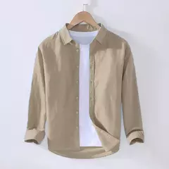 Camisa de linho de algodão respirável masculina, gola virada para baixo, manga comprida, monocromática, havaiana, casual, nova, outono na internet