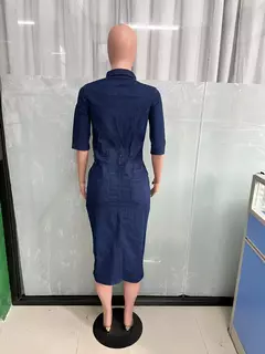Vestido feminino de comprimento médio com botões elásticos, saia jeans, saia de quadril, manga curta, tendência, outono na internet