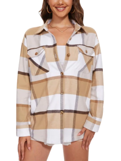 Imagem do TACVASEN-Casual flanela xadrez camisas para as mulheres, manga comprida, botão para baixo, caminhadas ao ar livre blusa, 2 bolsos no peito, soltas ajuste algodão tops