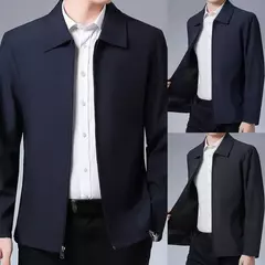 Jaquetas monocromáticas à prova de vento para homens de meia idade, casaco com zíper com gola lapela, jaquetas casuais masculinas, 5 tamanhos, inverno