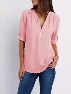 Blusa feminina profunda com gola V, tops femininos, pulôver sexy com zíper, moda casual, camisa solta legal, plus size, venda quente, 2024