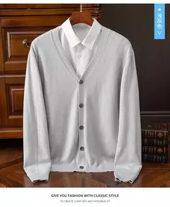Casaco de caxemira merino masculino, cardigã com decote em v, cor sólida, casaco de malha acolchoado, quente, casual, outono, inverno, 100%, 2024 - loja online