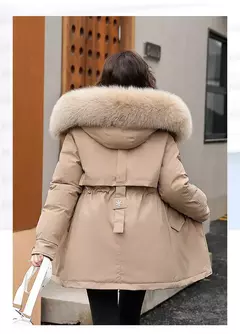 Parka longa de lã com capuz feminino com gola de pele, casaco fino, roupas acolchoadas, neve quente, moda inverno, novo, 2023 na internet
