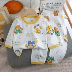Pijama de algodão puro para meninos e meninas, camiseta fina de manga comprida, tops e calças lindos desenhos animados, conjuntos de roupas infantis, verão, novo, 2022 - Wolf Magazine
