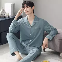 Conjunto de pijama de algodão modal manga comprida masculino, pijamas finos, adolescentes, outwear primavera, pano doméstico, terno masculino, outono, primavera