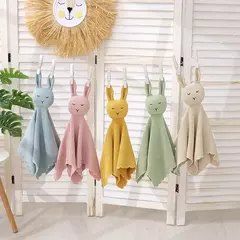 Imagem do Algodão Malha Crochet Sleepy Bunny Cobertor, Cabeça macia recheada, Primeiro brinquedo do bebê, Dormir Segurando Cobertor de Segurança, Nome personalizado
