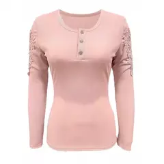 Top de manga comprida justa feminino, camiseta com gola redonda, retalhos de renda, blusa macia, pulôver elegante, primavera, outono - loja online