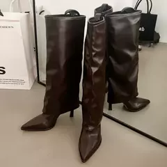 Botas ocidentais plissadas para mulheres, altura do joelho, dedo apontado, saltos femininos, longo, festa, moderno, senhoras, moda - Wolf Magazine