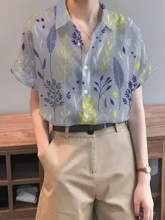 Camisa feminina colorida em 3D com estampa floral, tops de manga curta, botão, gola elegante, primavera e outono, 2024 na internet