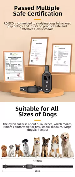 ROJECO-Elétrica Dog Training Collar, Digital recarregável, controle remoto, IPX7 impermeável Vibrador, Pet Dog Bark, Stop Shock Collar