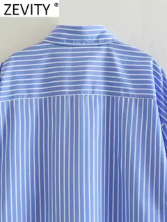 Zevity-Camisa Feminina Solta com Estampa Listrada Branca e Azul, Bolso Duplo, Blusa de Blusa Patch, Tops Chiques, Senhora do Escritório, Moda, LS3468 - loja online