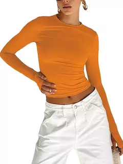 Top feminino de gola redonda manga longa com furos no polegar, camiseta monocromática, slim fit, streetwear diário, moda verão na internet