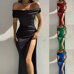Elegante vestido de noite feminino, Monocromático, Ombro Fora, Sexy, Divisão para o Lado Alto, Luxo, Formal, Sexy, senhoras, Festa, Noite - Wolf Magazine