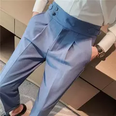 Estilo britânico dos homens de cintura alta vestido casual calça masculina cinto design calças finas formal escritório social vestido de festa de casamento terno calças na internet