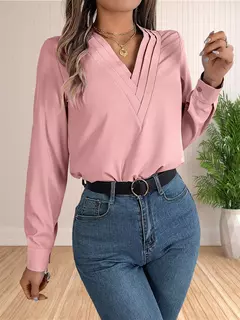 Vestido feminino de manga comprida em camadas com decote em v, tops de trabalho, roupa de escritório, blusa empresarial, 2024 - comprar online