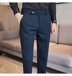 Calça formal masculina estilo britânico, monocromática, fina, casual, de negócios, escritório, social, calça de tornozelo, streetwear, alta qualidade - Wolf Magazine