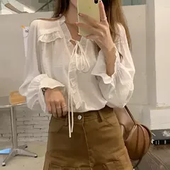 Xpqbb-Blusa de chiffon com decote em V para mulheres, camisas soltas com renda, manga comprida, babados, streetwear feminino, roupas coreanas, primavera e outono, 2024 - comprar online