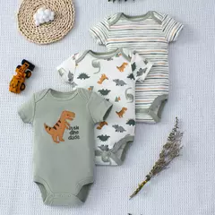 Verão Bebê Bodysuit com Dinossauro Padrão Dos Desenhos Animados, 3 Piece Set, Stripe Pattern, Design Botão para 0-9 Meses Old Boys - comprar online