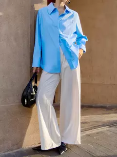 DUSHUI-Mulheres Manga Longa Polo Pescoço Blusa, Ombro Frontal, Camisas Commuter Branco, Decoração de Bolso, Camisa Feminina, 2 Cores, 24DS83323