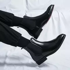 Imagem do Men's Red Sole PU Ankle Chelsea Boots, Business Round Toe Slip-On Shoes