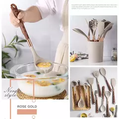 Imagem do Conjunto De Utensílios De Cozinha De Silicone Resistente Ao Calor, Espátula, Colher, Ferramentas Antiaderentes, Alça Banhada A Ouro Rosa, Suporte, Presente De Cozinha