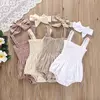 Roupas do bebê macacão de verão outfit cor sólida ruched criança menina casual sem mangas suspensórios crianças conjunto bandana
