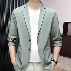 Imagem do Blazers de negócios monocromáticos masculinos, blazers slim fit, botões duplos, lapela, mangas 3/4, terno de deslocamento, casaco do noivo