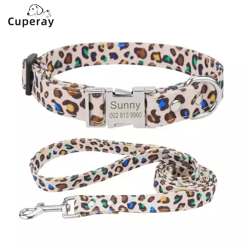 Conjunto de coleira e coleira para cães personalizados, padrão de leopardo personalizado, correias de tecido de poliéster com trela de 120 cm, para cães médios e grandes