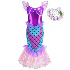 Meninas roxo-azul sereia ariel cosplay vestido de halloween vestido de festa de aniversário meninas praia vestido de férias