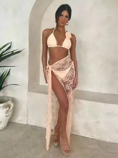 Conjunto de biquíni de três peças, sutiã acolchoado, borla, saia de praia de cintura alta, maiô de verão, moda sexy, monocromático - comprar online