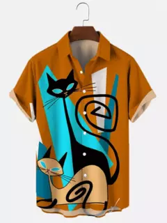 Camisa havaiana dos desenhos animados de anime masculino, Tops de manga curta, roupas casuais masculinas, rua, animais, gatos, retrô, 3D Tees, verão na internet