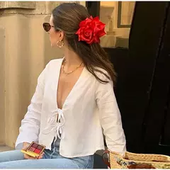 Camisas de manga folhada para mulheres, tops casuais soltos com renda, mangas curtas femininas, camisas macias com decote em v, senhora fofa, moda verão, 2024 na internet