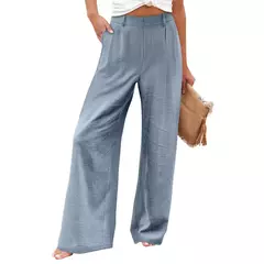 Calça larga de linho de algodão feminina, comprimento total, casual, monocromática, solta, cintura alta, reto, botão, verão - comprar online