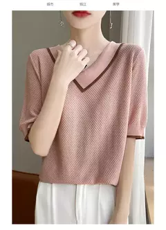 Imagem do Camisa polo de malha de manga curta 100% lã pura, camiseta casual de lapela, camisa retrô fina, verão, 2024
